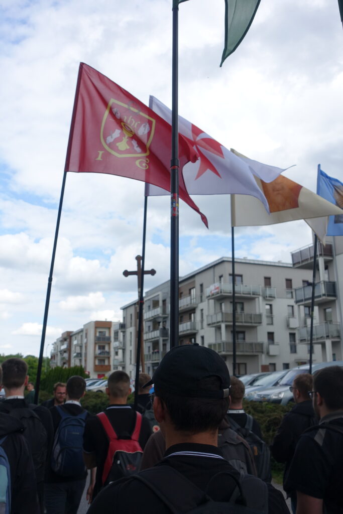 Flagi uczestników Pielgrzymki Kościoła Walczącego na tle miejskich budynków Gniezna.