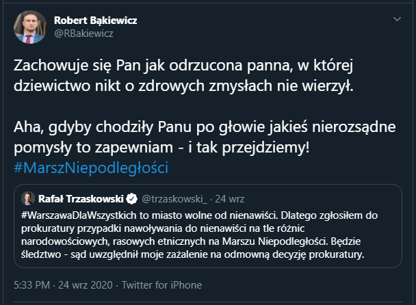 Rafał Trzaskowski
atakuje Marsz
Niepodległości -
https://twitter.com/RBakiewicz/status/1309153964190052357