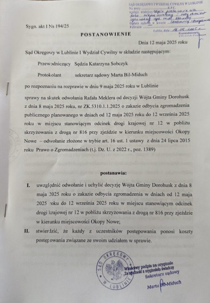 Postanowienie Sądu Okręgowego w Lublinie uchylające zakaz zgromadzenia w Dorohusku z dnia 12 maja 2025 r.