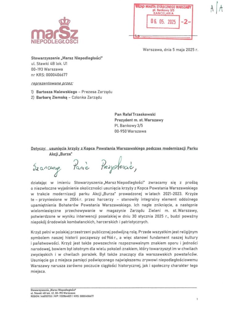 Pismo z 5 maja 2025 r. wysłane przez Stowarzyszenie „Marsz Niepodległości” do prezydenta Rafała Trzaskowskiego ws. krzyży z Kopca.