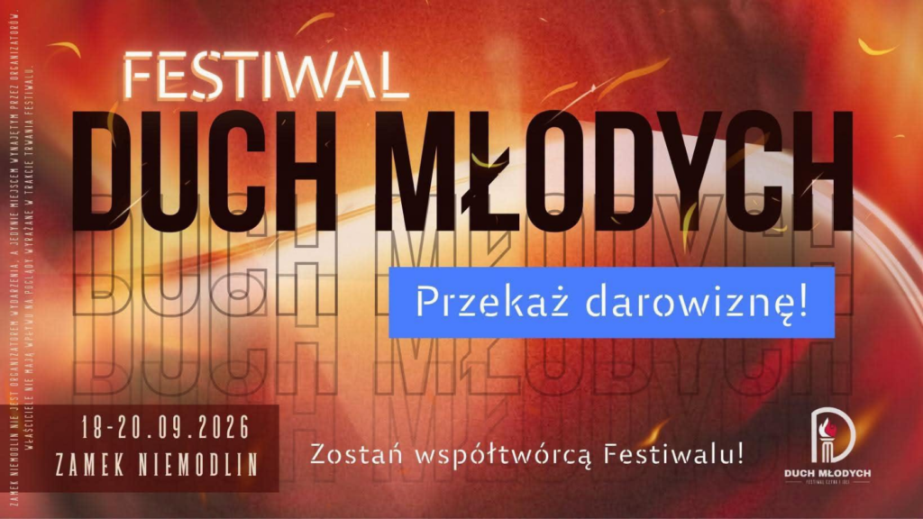 Grafika promująca Festiwal Duch Młodych 2026, którego współorganizatorem jest Stowarzyszenie Marsz Niepodległości. Wydarzenie odbędzie się na Zamku Książęcym w Niemodlinie.