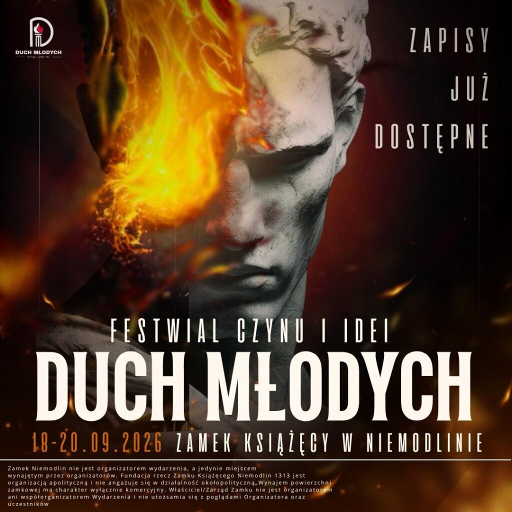 Grafika promująca Festiwal Duch Młodych 2026, którego współorganizatorem jest Stowarzyszenie Marsz Niepodległości. Wydarzenie odbędzie się na Zamku Książęcym w Niemodlinie.
